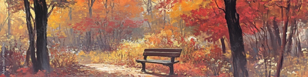 Scenic autumn forest with empty wooden bench surrounded by colorful leaves Scenic autumn forest with empty wooden bench surrounded by colorful leaves