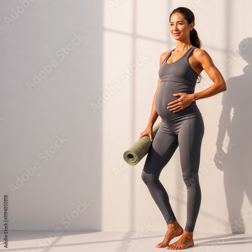 A pregnant woman in activewear holds a yoga mat. Wellness, prenatal fitness, healthy lifestyle, and self-care during pregnancy