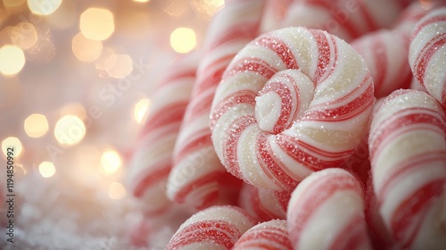 A pile of holiday candy canes with festive decorations, whimsical and fun, seasonal treats, bright lighting, close-up view