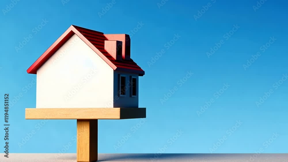 House miniature on blue background, small wooden house, minimalism House miniature on blue background, small wooden house, minimalism