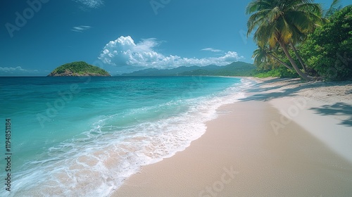 A pristine white sand beach with turquoise water  palm trees  and a clear blue sky  tropical beach background
