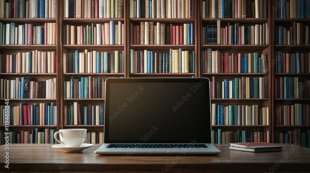Laptop with blank screen on table in Modern library or bookstore interior with Learning and coworking space,relax zone,Library with rows of bookshelves,school or university,education concept. Laptop with blank screen on table in Modern library or bookstore interior with Learning and coworking space,relax zone,Library with rows of bookshelves,school or university,education concept.