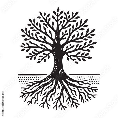 simple Hand drawn tree with roots flat vector illustration linocut


