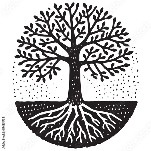 simple Hand drawn tree with roots flat vector illustration linocut

