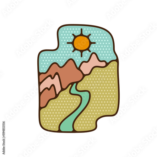 Hiking adventure badge. Camping adventure label in retro style. Mountain logo graphics for t-shirt. Stock artwork photo