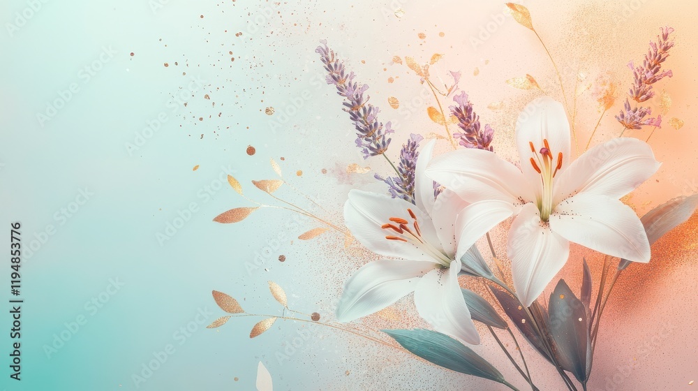A modern and abstract spring banner featuring geometric shapes with sprigs of lavender and white lilies. The background is a soft gradient from pastel coral to pale mint, with splashes of gold glitter A modern and abstract spring banner featuring geometric shapes with sprigs of lavender and white lilies. The background is a soft gradient from pastel coral to pale mint, with splashes of gold glitter