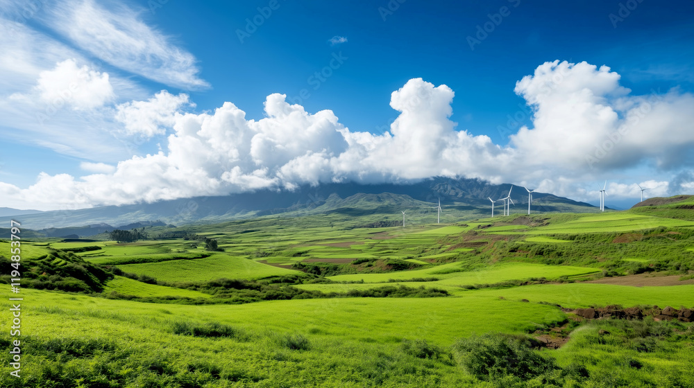 Fototapeta premium Breathtaking landscape view of wind turbines green fields daytime nature