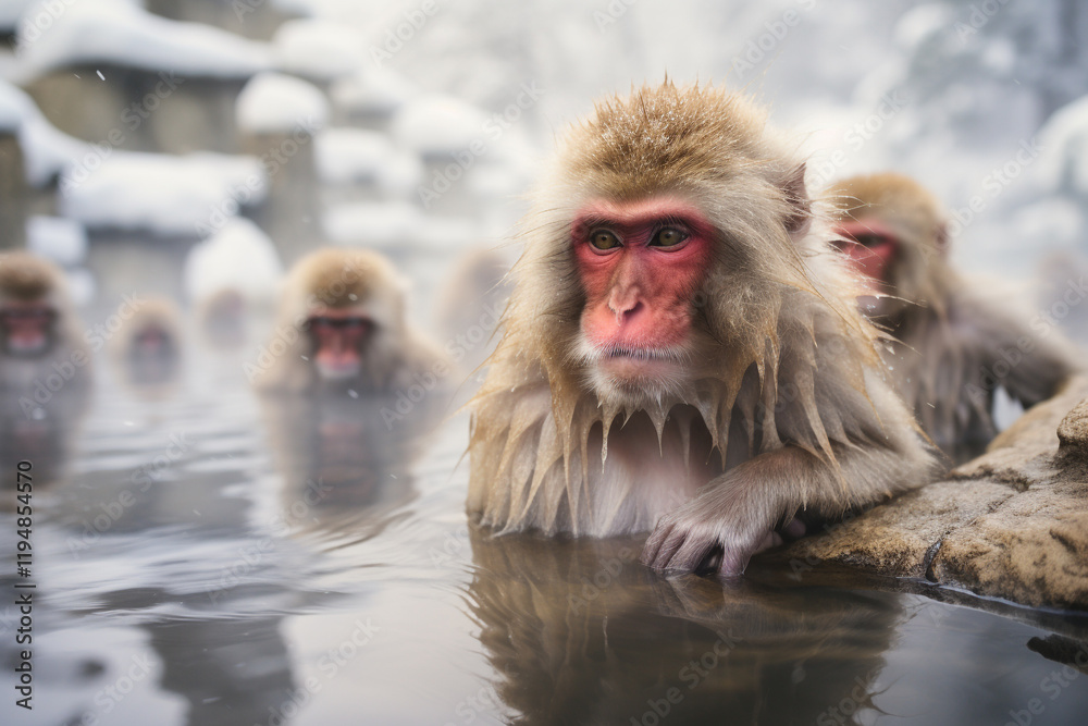 Naklejka premium Japanese Macaque Relaxing in Onsen