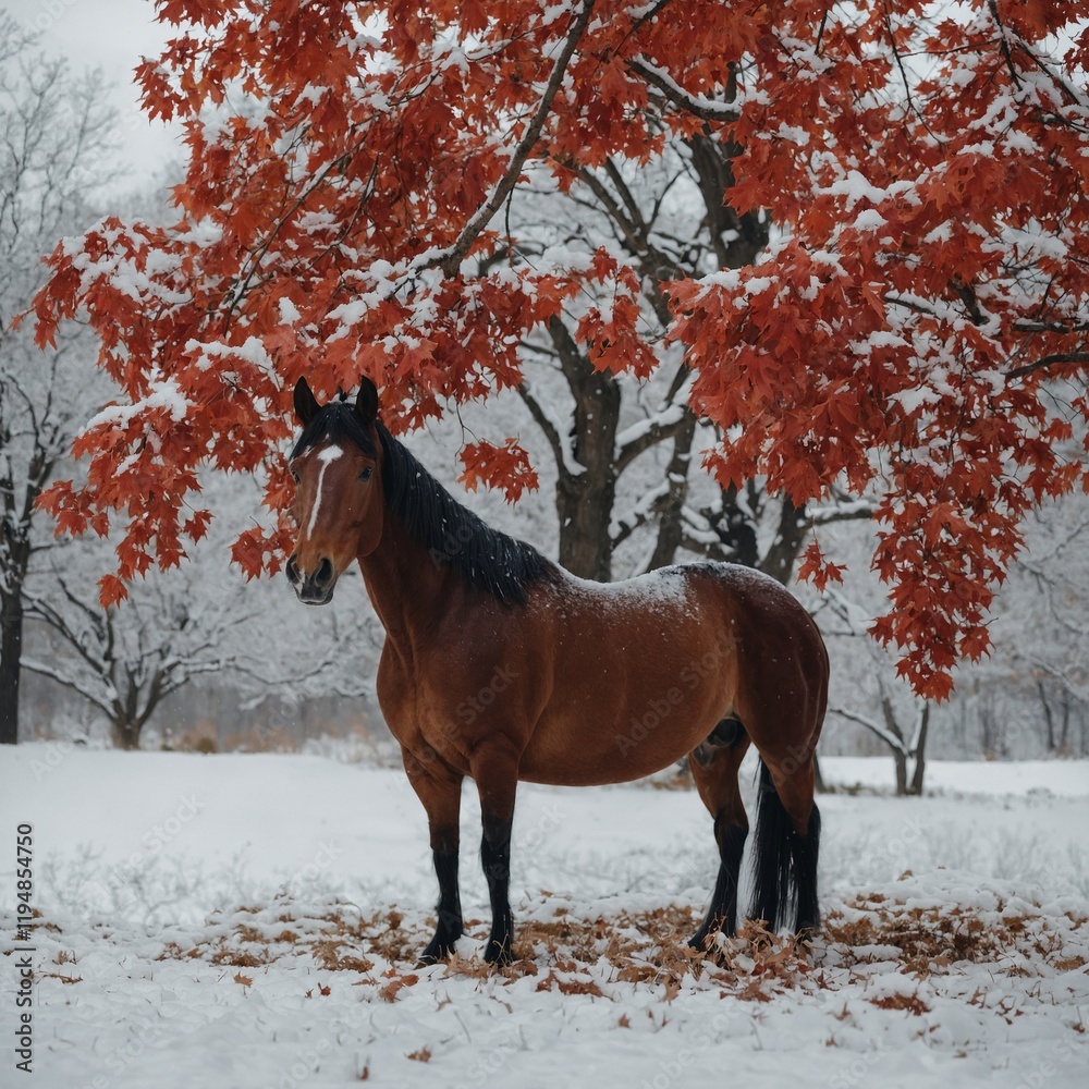 A beautiful horse standing near a red maple tree with white snow covering the ground. A beautiful horse standing near a red maple tree with white snow covering the ground.