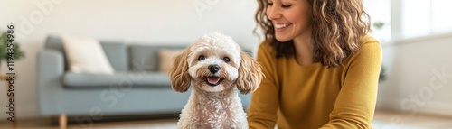 A joyful woman enjoys quality time with her fluffy dog in a cozy living room, radiating warmth and companionship. photo