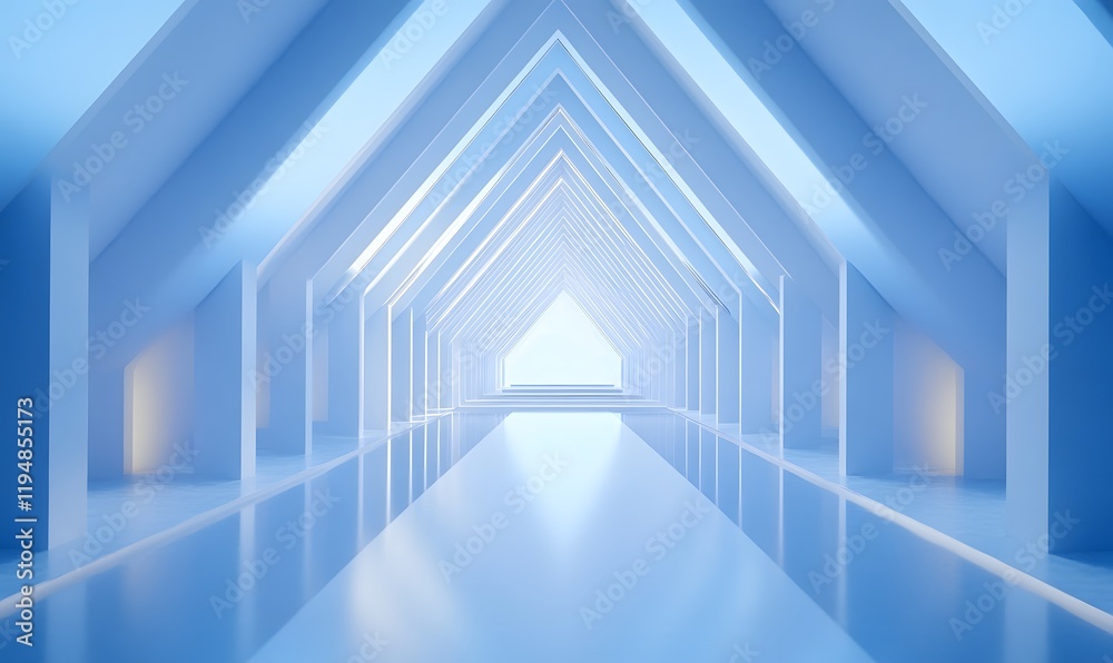 Obraz premium Abstract blue architectural tunnel with reflective floor.