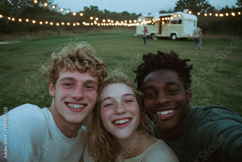 friends taking selfie at food truck festival, string lights overhead  photo