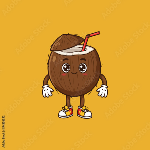 A cute cartoon coconut character with a straw, wearing shoes and gloves, smiles happily against a yellow background.