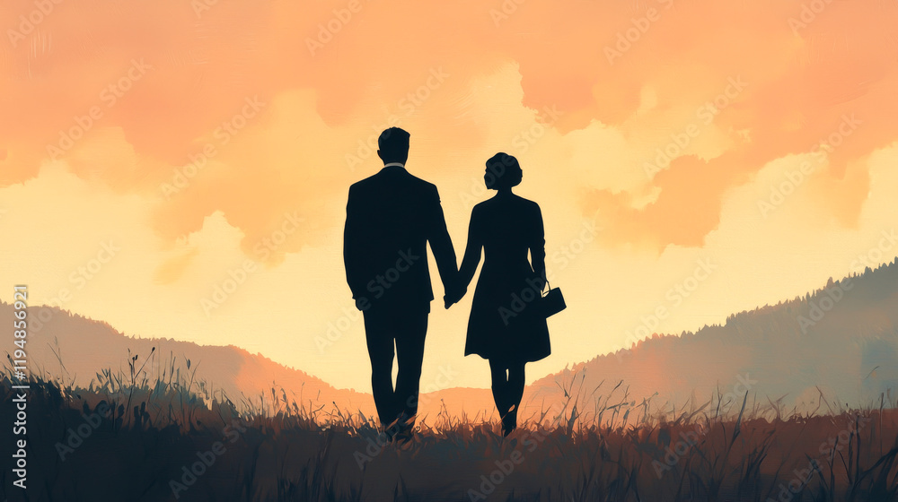 Fototapeta premium Silhouetted couple holding hands against a stunning sunset backdrop in nature.