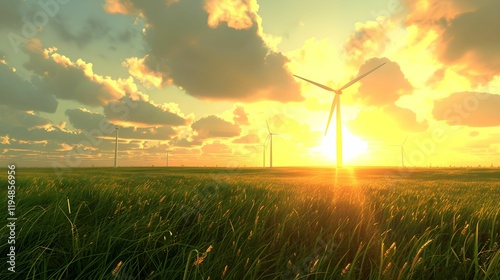 Breathtaking sunset over a wind farm with clouds and vibrant grass field