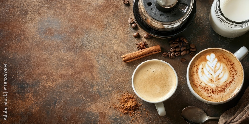 Aerial view of cappuccino in a white cup with latte art beside a milk jar cinnamon stick and coffee beans on a textured brown surface with ample space Aerial view of cappuccino in a white cup with latte art beside a milk jar cinnamon stick and coffee beans on a textured brown surface with ample space
