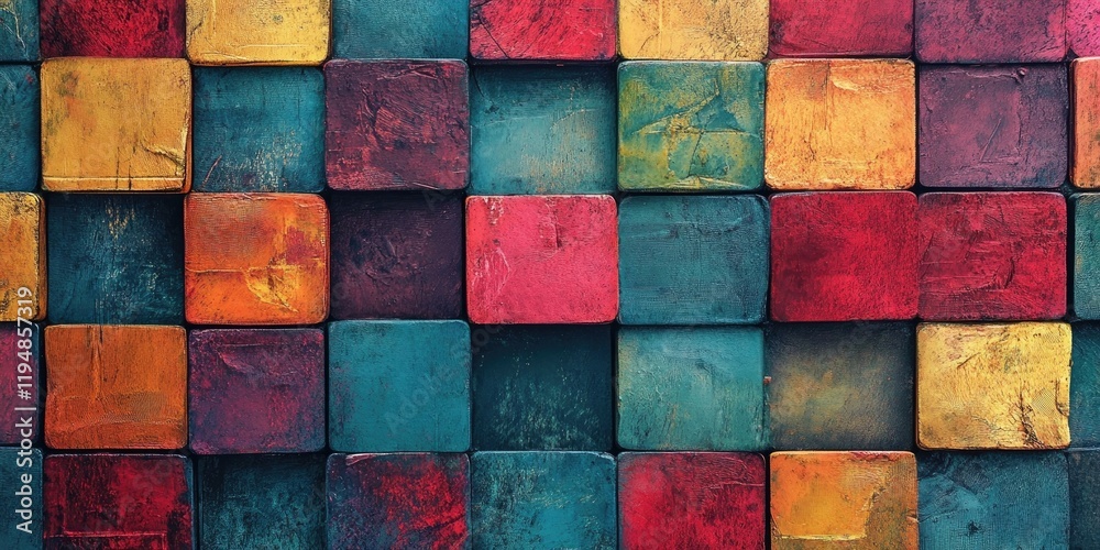 Vibrant colorful square patterned background with textured elements in red, yellow, blue and green, ample copy space for text integration. Vibrant colorful square patterned background with textured elements in red, yellow, blue and green, ample copy space for text integration.