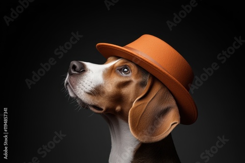 Stylish Beagle Dog in Orange Hat, Looking Upward photo