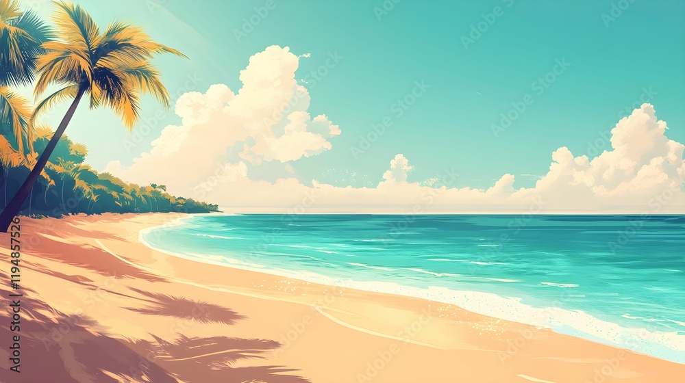 Obraz premium Tropical beach landscape with clear turquoise water and palm trees under a blue sky