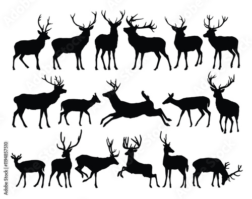 Big set silhouettes of forest deer.