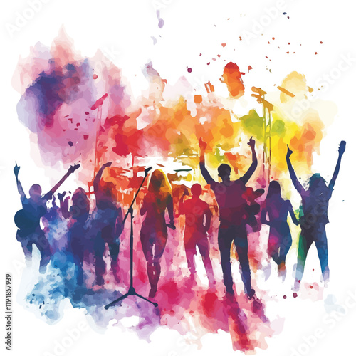 A watercolor vector of a crowd at a music festival, isolated on a white background. Music Festival vector.
