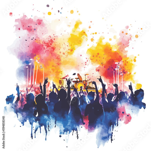 A watercolor vector of a crowd at a music festival, isolated on a white background. Music Festival vector.
