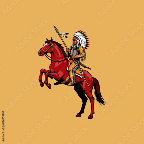 A Native American warrior, adorned in a feathered headdress, rides a rearing red horse while holding a spear.