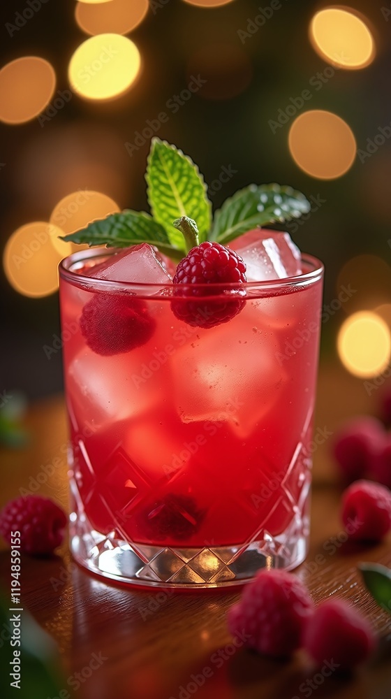 Vibrant red cocktail Raspberry garnish Ice cubes Mint Vibrant red cocktail Raspberry garnish Ice cubes Mint