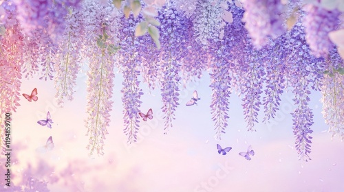 Wisteria flowers fall in soft shades of purple, mauve and blue, the sky is pastel pink and rose pink. Creating a romantic and serene atmosphere, with delicate butterflies flying among the flowers.