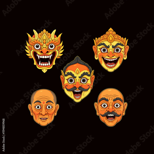 An illustration showcasing a set of five Balinese masks with varied expressions and ornate details.