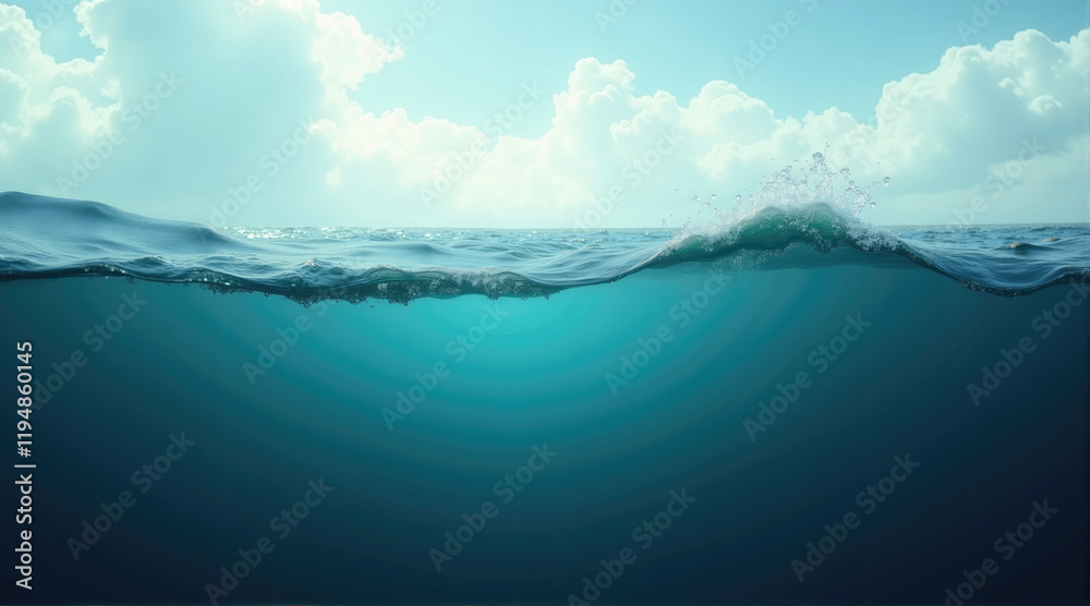 Naklejka premium Waves lap gently against the shoreline under a bright sky with fluffy clouds during a peaceful afternoon