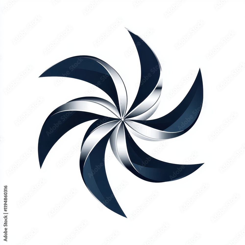 Abstract pinwheel logo with silver and navy metallic gradient design on a white background Abstract pinwheel logo with silver and navy metallic gradient design on a white background