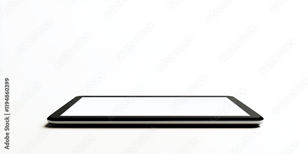 Blank tablet device lying horizontally on a clean white surface with a minimalistic design and empty screen space for customizable content. Blank tablet device lying horizontally on a clean white surface with a minimalistic design and empty screen space for customizable content.