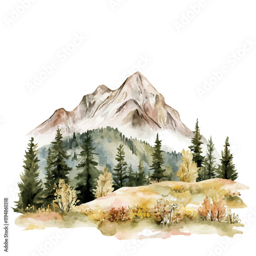 A watercolor vector of diverse mountain ecosystems, isolated on a white background. Mountain ecosystems vector.
