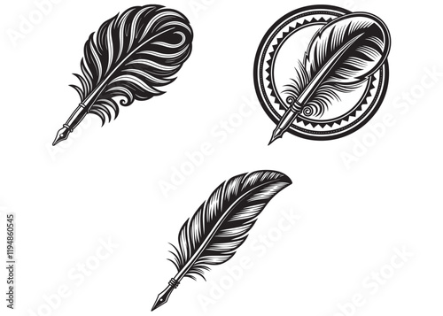 Feather quill pen silhouette logo vector design, quill pen logo, feather quill silhouette writing, feather pen silhouette, elegant black quill pen icons in various stylized designs on white background