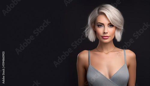 studio portrait of a blonde woman with short hair and nude shoulders wearing a low cut grey mini dress on a black background, fashion photography
