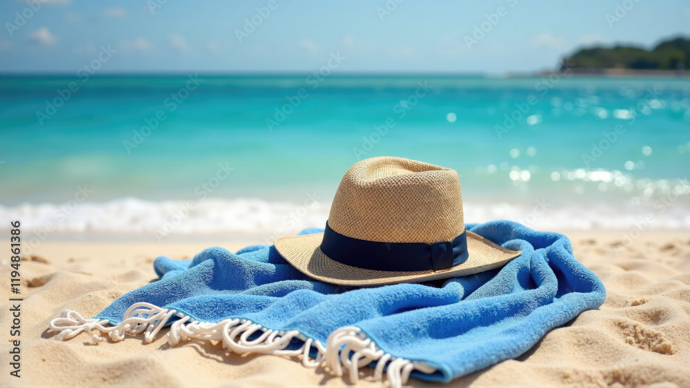 Relaxing beach setup with a straw hat and blue blanket on golden sand near turquoise water Relaxing beach setup with a straw hat and blue blanket on golden sand near turquoise water