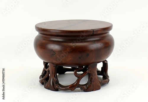 Handcrafted Chinese Wooden Stool Featuring Inverted Gourd and Intricate Vine Leaf Carvings photo