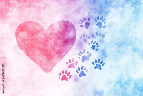 A watercolor-style heart with pet paw prints fading into the design, postcard design with empty space for greeting. Valentine concept, veterinary