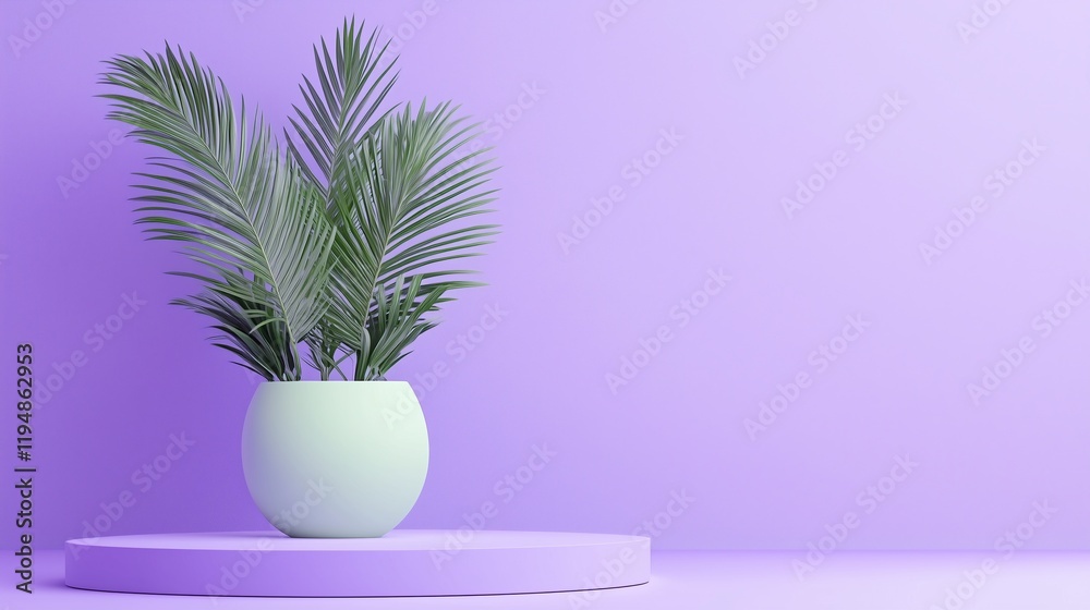 A lush green plant in a light-colored pot sits on a round pedestal, adding a pop of nature to a stylish indoor space with a soothing purple backdrop. A lush green plant in a light-colored pot sits on a round pedestal, adding a pop of nature to a stylish indoor space with a soothing purple backdrop.