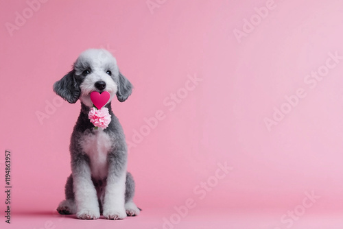 Bedlington Terrier holding a small heart-shaped flower, sitting on a pink background, postcard design with empty space for greeting. Valentine concept, veterinary photo