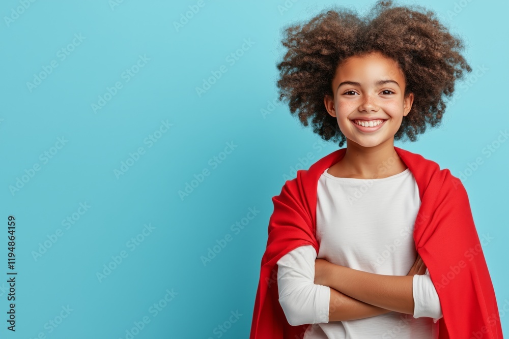 A dynamic portrait of a young African American girl in a superhero costume, with a red cape and long hair. The clean blue backdrop provides a blank space for creative text placement A dynamic portrait of a young African American girl in a superhero costume, with a red cape and long hair. The clean blue backdrop provides a blank space for creative text placement