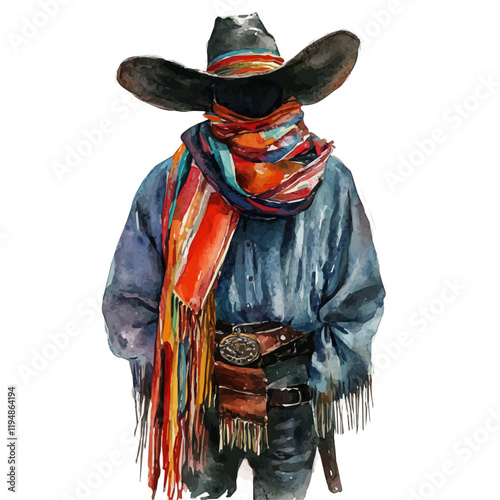 A watercolor illustration of a classic Mexican Charro outfit, isolated on a white background. Charro outfit vector.
