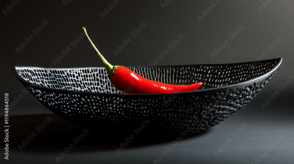A stark, black basket with one bright red chili pepper, its shine contrasting with the basket's texture. A stark, black basket with one bright red chili pepper, its shine contrasting with the basket's texture.