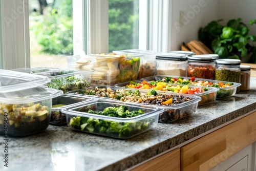 A clean eating meal prep setup, on a kitchen counter, featuring a variety of organized