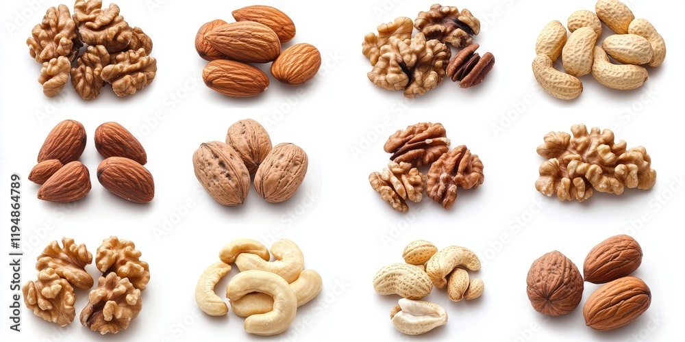 A diverse assortment of nuts including walnuts almonds pecans and cashews arranged in a grid pattern on a white background A diverse assortment of nuts including walnuts almonds pecans and cashews arranged in a grid pattern on a white background