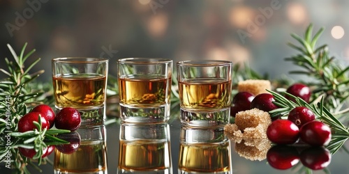 Absinthe shot glasses lined up in a row beside cranberries and rosemary with brown sugar cubes on a reflective table creating a festive mood photo