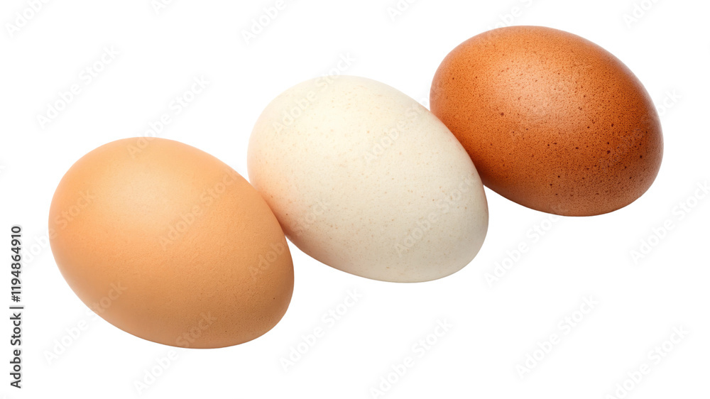 Three Chicken Eggs, Different Colors, Isolated on White Background, Food Photography, Studio Shot, Egg, Chicken Egg, Food Three Chicken Eggs, Different Colors, Isolated on White Background, Food Photography, Studio Shot, Egg, Chicken Egg, Food