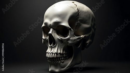 A Detailed 3D Render of a Human Skull against a Dark Background photo