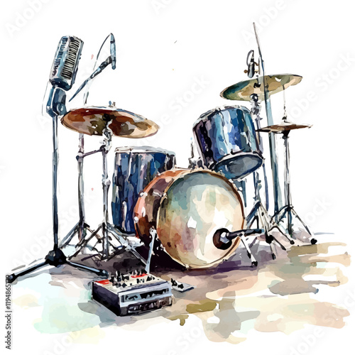 A watercolor vector of an electric guitar and drums, isolated on a white background. Metal music vector.
